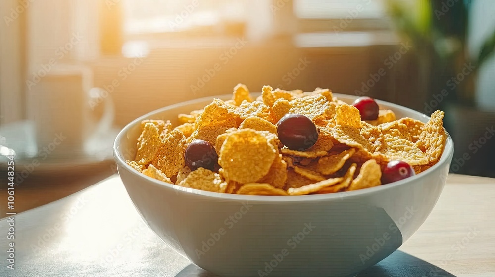 Bowl of honey cornflakes with dry fruits like walnuts and cranberries, with honey drizzle and a cozy breakfast setup in the background Bowl of honey cornflakes with dry fruits like walnuts and cranberries, with honey drizzle and a cozy breakfast setup in the background