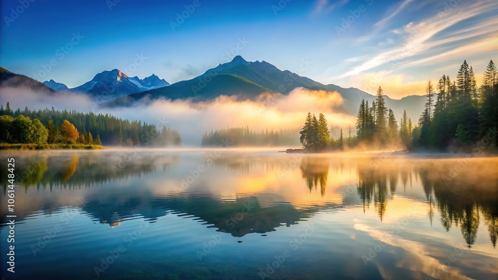 Misty morning over a mountain lake with fog rolling in from the valley below, peaceful, mist, calm, stillness, serene Misty morning over a mountain lake with fog rolling in from the valley below, peaceful, mist, calm, stillness, serene