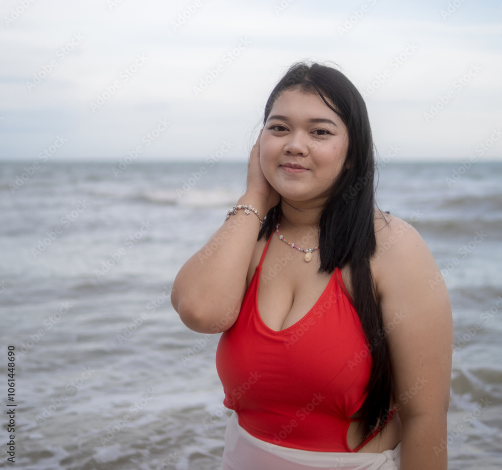 Woman young asian fat chubby cute beautiful smile happy fun enjoy relax freedom bikini swimwear body sexy plus size look sea beach sunset clean blue sky calm nature ocean wave water travel on holiday Woman young asian fat chubby cute beautiful smile happy fun enjoy relax freedom bikini swimwear body sexy plus size look sea beach sunset clean blue sky calm nature ocean wave water travel on holiday
