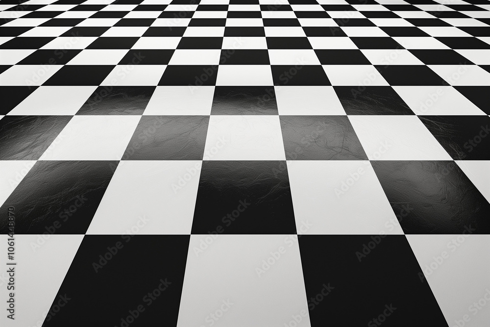 Chess perspective floor background. Black and white chessboard perspective floor texture. Checker board pattern surface. Fading away vanishing checkerboard background. Abstract vector illustration.