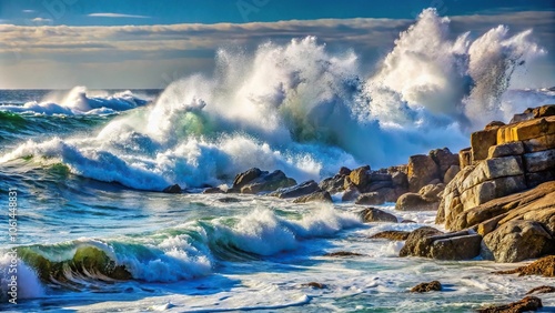 Ocean waves crashing on rocky shoreline with foamy crests and spray, spray, rocky, waves