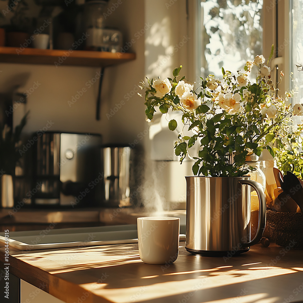 sunlit kitchen scene featuring steaming cup of water beside kettle and fresh flowers. warm ambiance creates cozy atmosphere perfect for relaxation sunlit kitchen scene featuring steaming cup of water beside kettle and fresh flowers. warm ambiance creates cozy atmosphere perfect for relaxation