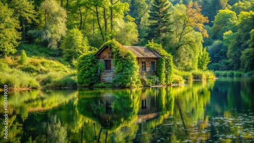 Wallpaper Mural Overgrown with green foliage a abandoned summer house stands on a hillside overlooking a sparkling lake and lush forest, lake, countryside Torontodigital.ca