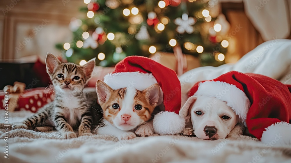 Cat and puppies in red Santa hats, with Christmas tree in the background and festive decorations around for a cozy holiday vibe Cat and puppies in red Santa hats, with Christmas tree in the background and festive decorations around for a cozy holiday vibe