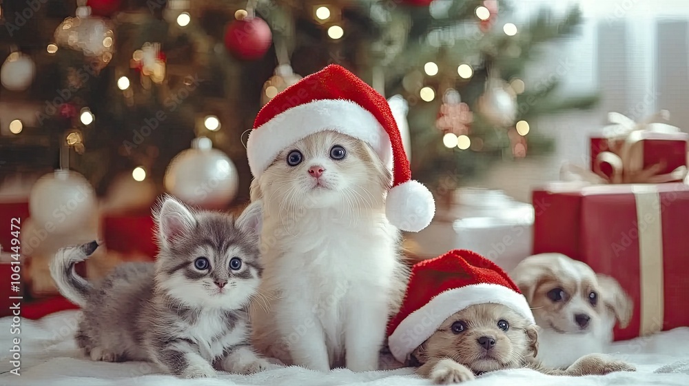 Cat and puppies in red Santa hats, with Christmas tree in the background and festive decorations around for a cozy holiday vibe Cat and puppies in red Santa hats, with Christmas tree in the background and festive decorations around for a cozy holiday vibe