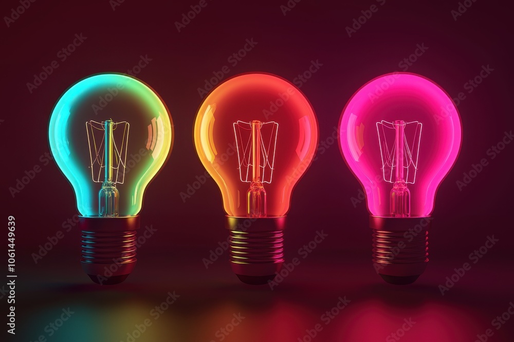A vibrant display of three glowing light bulbs in different colors, showcasing modern lighting design. A vibrant display of three glowing light bulbs in different colors, showcasing modern lighting design.