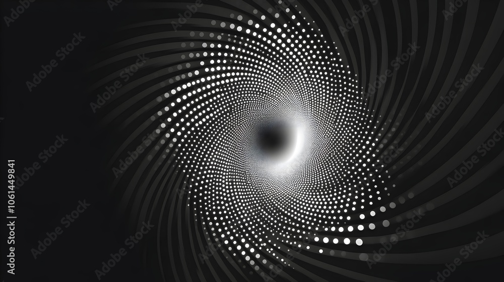 Mesmerizing Halftone Swirl with Expanding Dots in Monochrome Futuristic Design