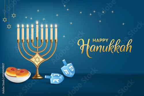 Hanukkah Festvial Celebration Dark Blue Background With Memorah. Donuts and Spin Dreidel. Hanukkah Shopping Festive Sale, Greetings Theme Concept Design Vector Illustration.
