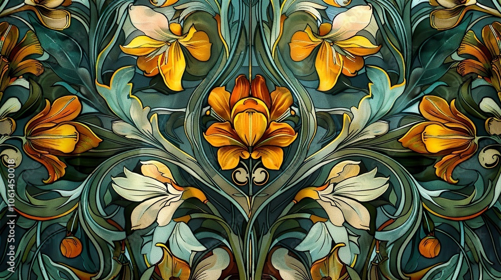 A painting of flowers with a blue background. Nouveau nature abstract pattern A painting of flowers with a blue background. Nouveau nature abstract pattern
