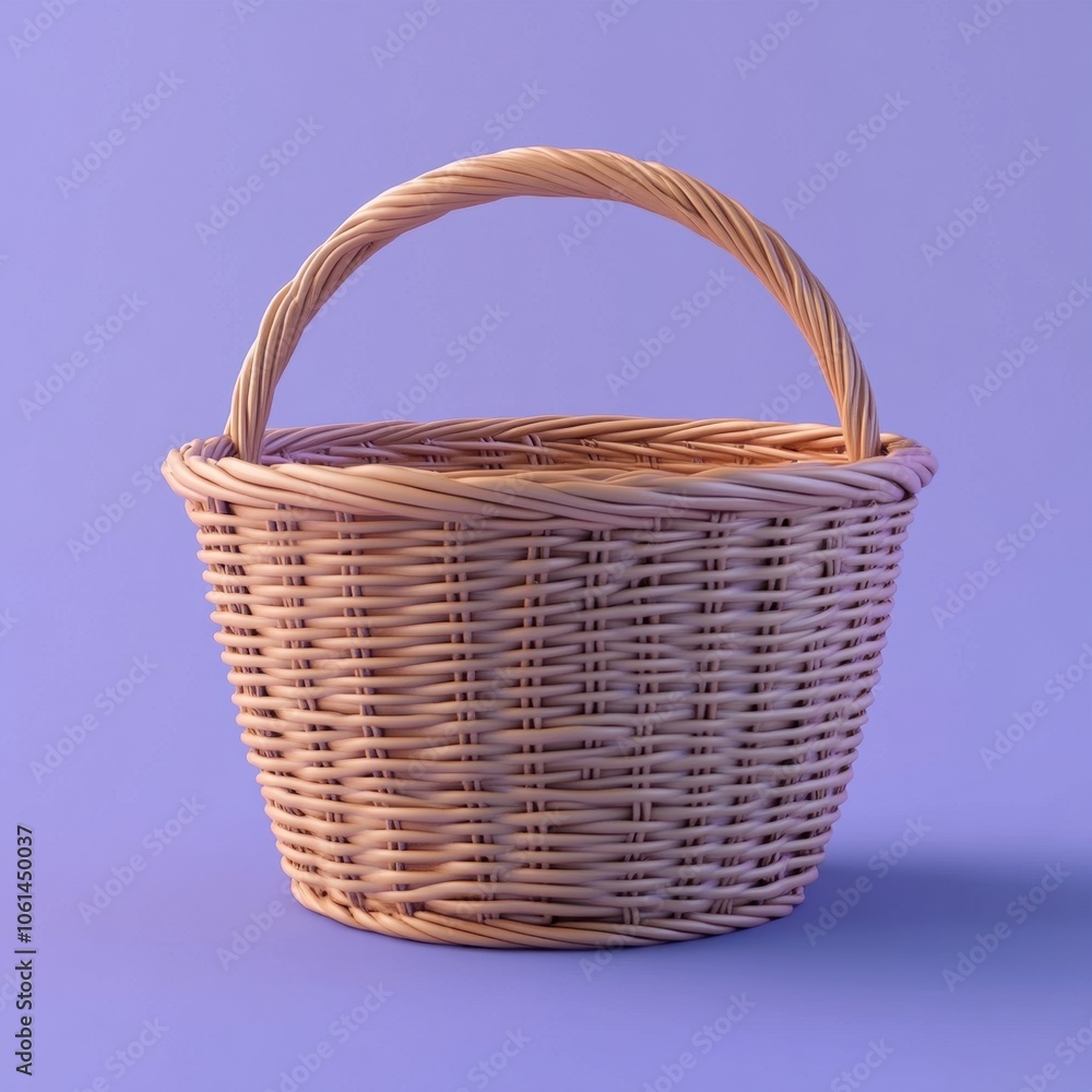 Woven Wicker Basket with Curved Handle on Solid Purple Background Woven Wicker Basket with Curved Handle on Solid Purple Background