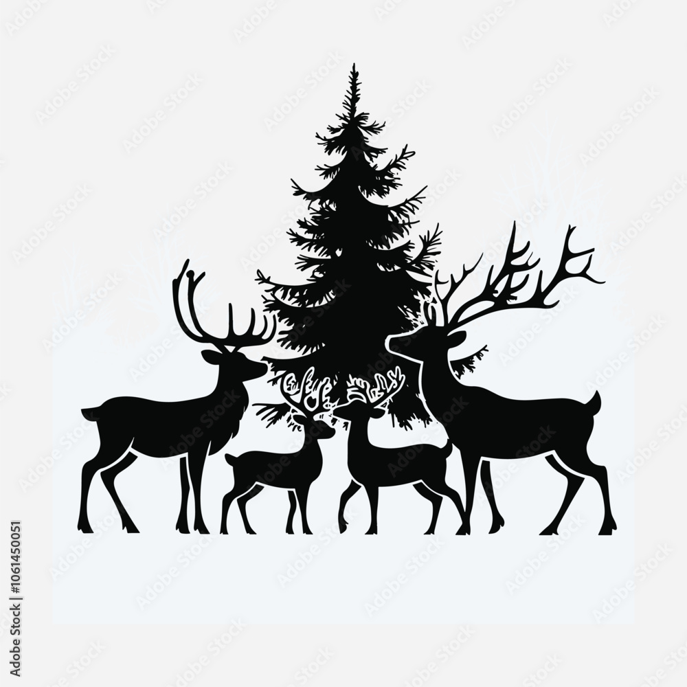 A vector illustration of a black silhouette of a group of reindeer with a different style. A vector illustration of a black silhouette of a group of reindeer with a different style.