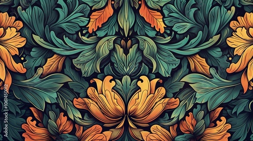 A colorful floral pattern with green and orange leaves. Nouveau nature abstract background