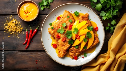 Trey Chha Svay (Fried Fish with Mango Sauce) Garnished with Herbs (Cambodian Cuisine) photo