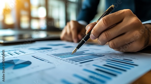 A person holding a pen and looking at financial