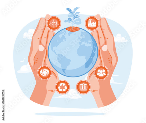 A pair of hands holding a globe. Sustainable economic growth. Natural resources concept. Flat vector illustration.