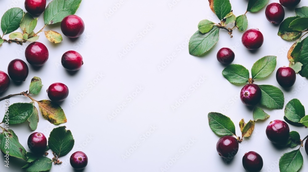 Red Berries and Green Leaves Frame on White Background Natural Border for Design Red Berries and Green Leaves Frame on White Background Natural Border for Design