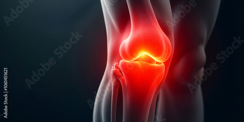 Injectable gels can alleviate pain in your knees, 3D X-ray rendering of the knee joint, showing a hand pressing on the pain point. No.004