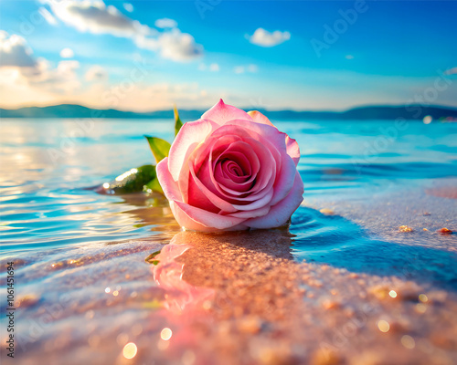 A Pink color rose in the water on a beach.  Rose that is laying on the beach. photo