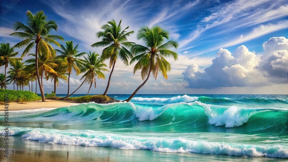 Fototapeta premium Wavy turquoise ocean waves gently lapping at the shoreline with a few beachy palm trees swaying in the breeze, ocean waves, water's edge, serene atmosphere
