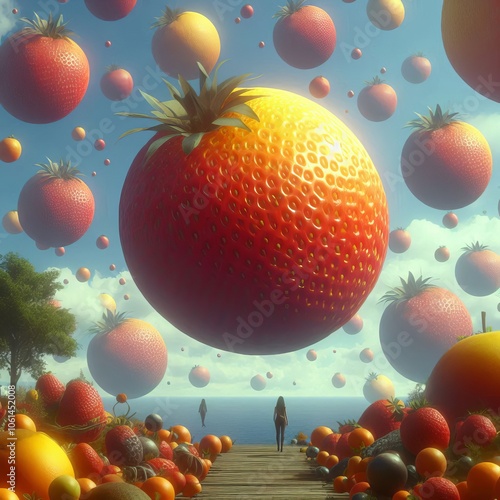 Giant Floating Fruits Dreamlike scene with oversized fruits floa photo