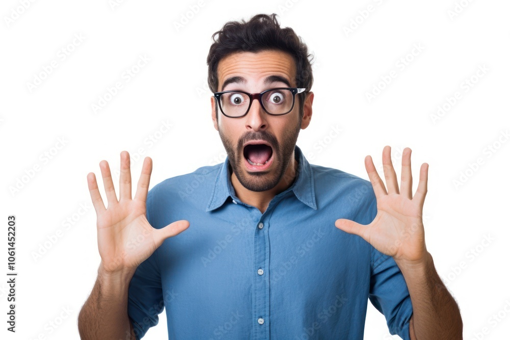 Acting confused Raise your hand to cover your mouth glasses adult man. Acting confused Raise your hand to cover your mouth glasses adult man.