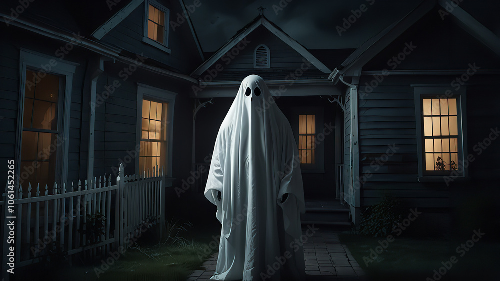 A spooky ghost haunting a house. A spooky ghost haunting a house.