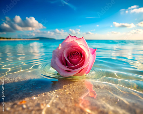 A Pink color rose in the water on a beach.  Rose that is laying on the beach. photo