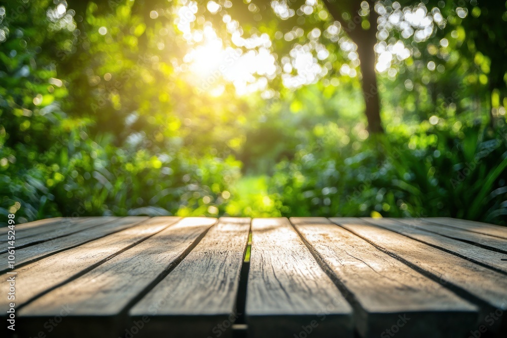 A wooden table in a sunlit garden, surrounded by lush greenery. A wooden table in a sunlit garden, surrounded by lush greenery.