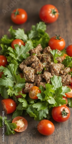 Fresh and colorful beef salad with green leaves and ripe tomatoes, food, red