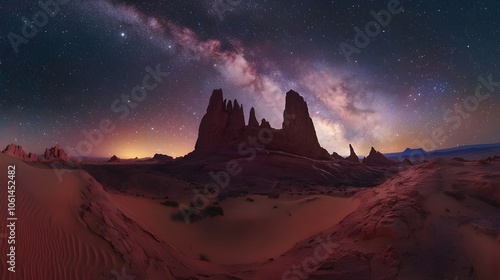 Starry Milky Way Above Desert Landscape with Rock Formations