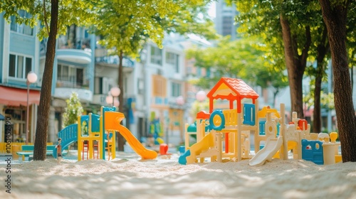 Wallpaper Mural A colorful playground with slides and climbing structures in a sandy area surrounded by trees. Torontodigital.ca