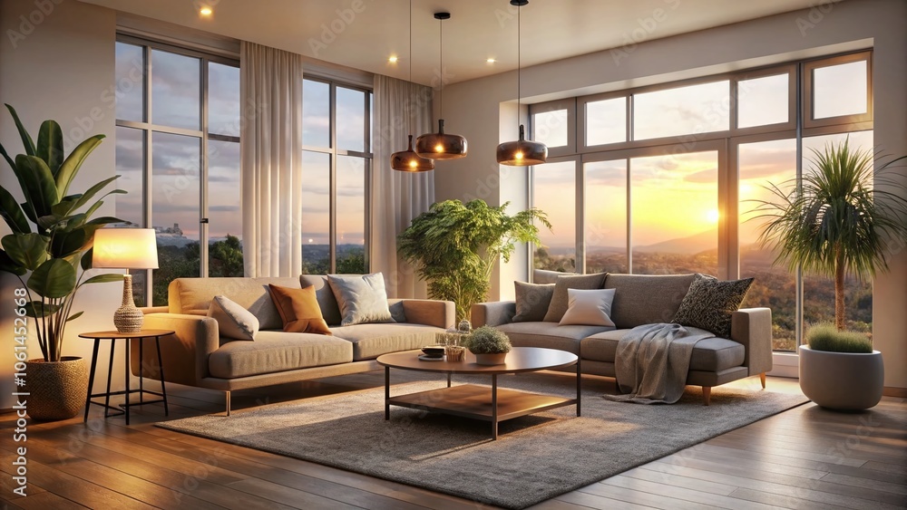 Fototapeta premium Modern Minimalist Living Room in Soft Evening Glow - A Serene Space with Neutral Tones, Cozy Textures, and Natural Light for Relaxation and Aesthetic Appeal