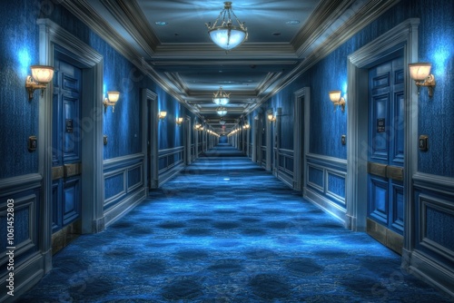 A long, elegantly designed hotel corridor featuring blue walls and carpet, with decorative lighting and closed doors lining the sides.