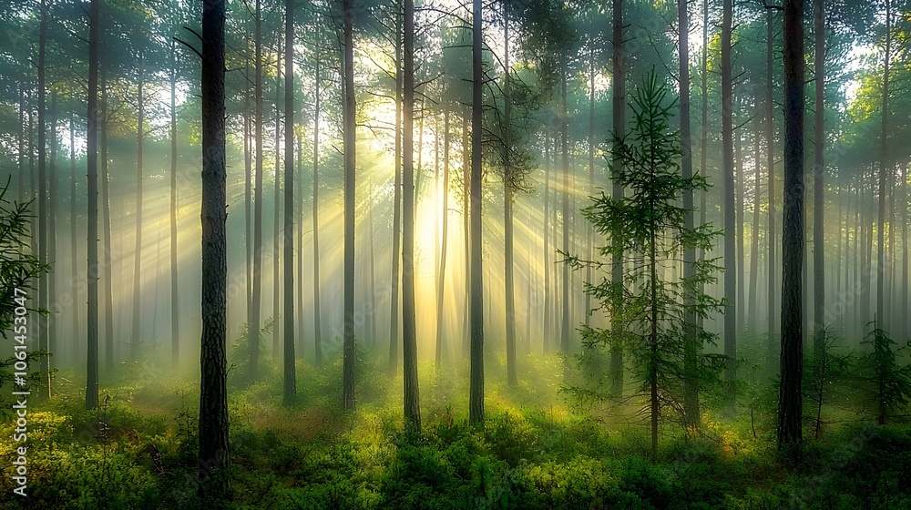 Fototapeta premium Sunlight Breaking Through Mist in Foggy Pine Forest at Dawn