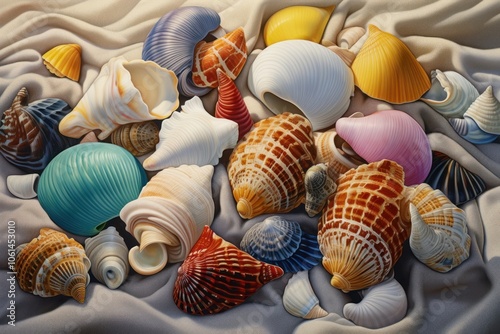 Collection of seashells displayed on a beach towel invertebrate seafood animal. photo