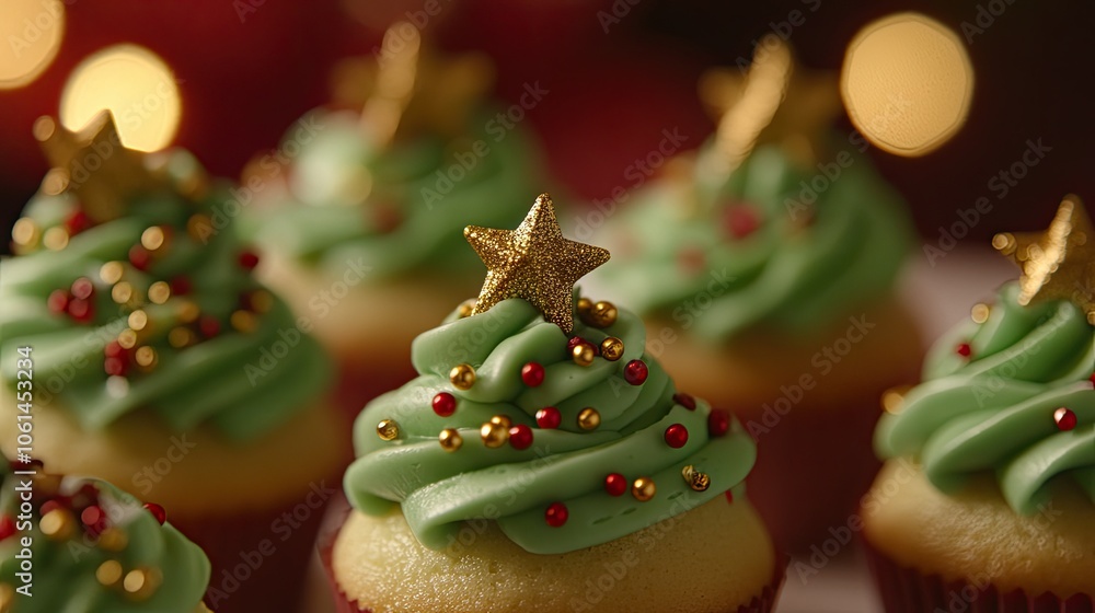 Close-up of Christmas mini cupcakes with green frosting trees, gold star toppings, and festive sprinkles for holiday cheer Close-up of Christmas mini cupcakes with green frosting trees, gold star toppings, and festive sprinkles for holiday cheer