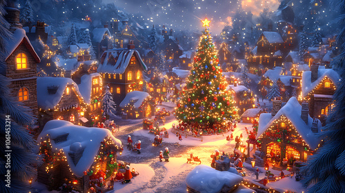 Snow-covered Christmas village scene with twinkling lights, decorated tree, and miniature figures in a magical, high-detail atmosphere at night