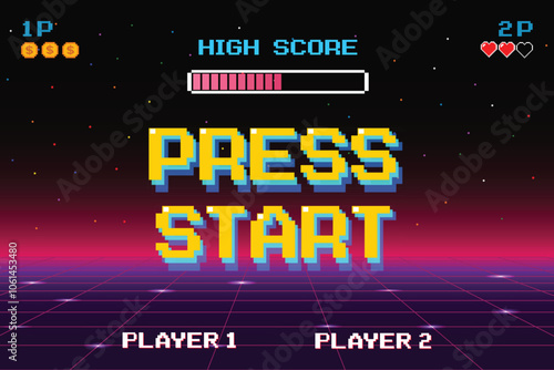 PRESS START INSERT A COIN TO CONTINUE .pixel art .8 bit game. retro game. for game assets .Retro Futurism Sci-Fi Background. glowing neon grid. and stars from vintage arcade computer games