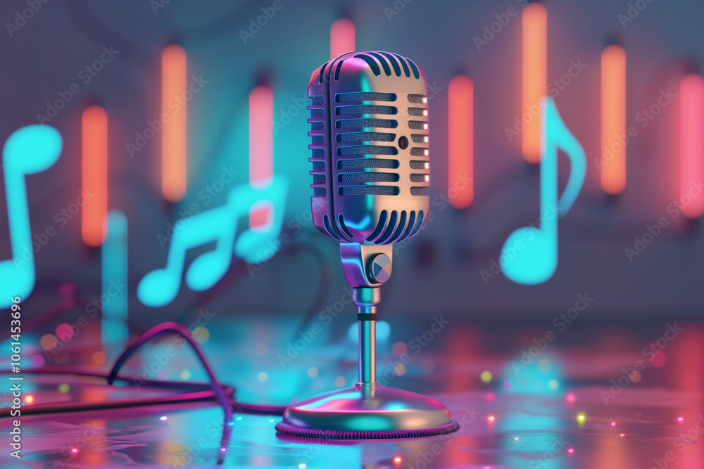Minimal cartoon style microphone with soundwave and music note voice musical studio karaoke concept. multimedia entertainment. 3d render illustration