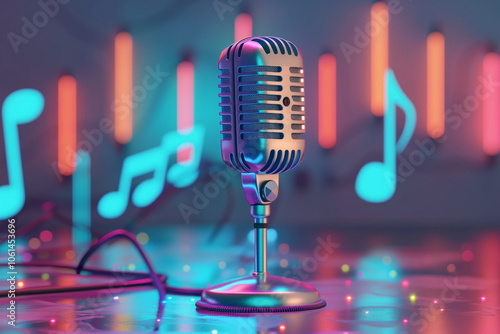 Obraz na płótnie Minimal cartoon style microphone with soundwave and music note voice musical studio karaoke concept. multimedia entertainment. 3d render illustration
w salonie