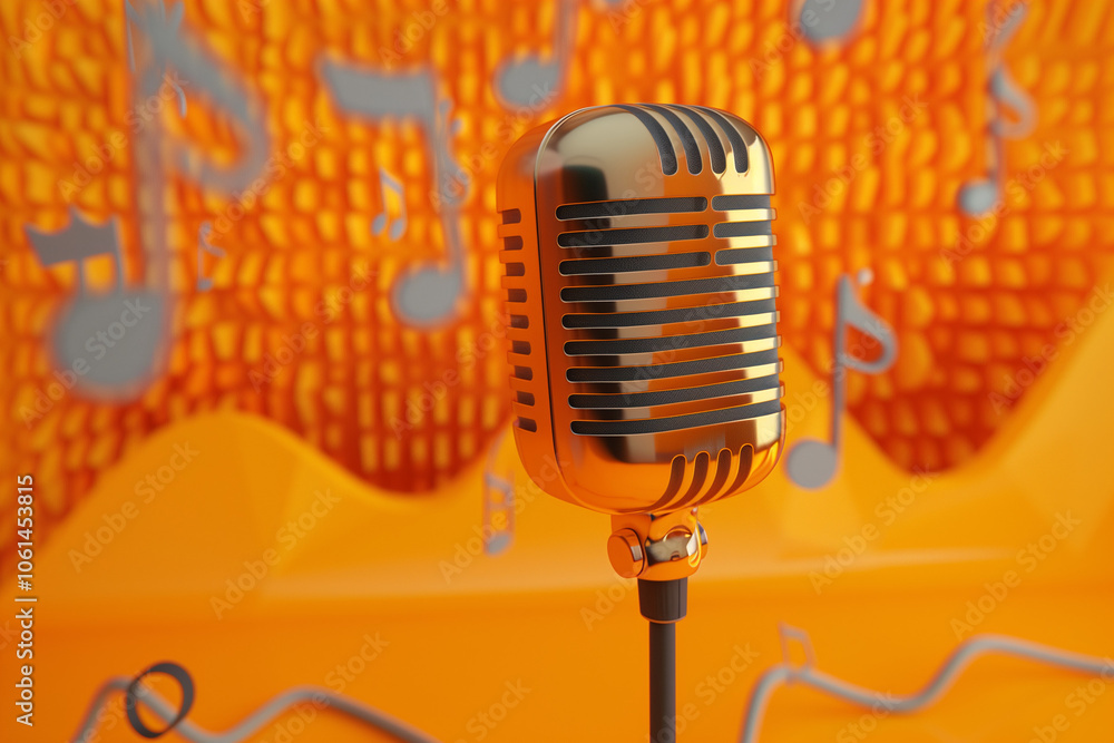 Minimal cartoon style microphone with soundwave and music note voice musical studio karaoke concept. multimedia entertainment. 3d render illustration
