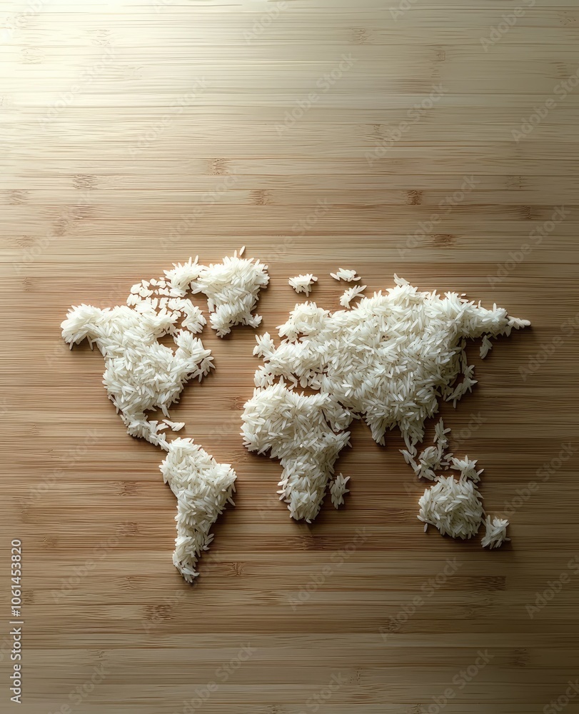 Global Cuisine and Culture Visual - Rice Grain World Map on Wooden Background. Perfect for Projects Symbolizing Unity, Diversity, and Global Food Heritage Global Cuisine and Culture Visual - Rice Grain World Map on Wooden Background. Perfect for Projects Symbolizing Unity, Diversity, and Global Food Heritage