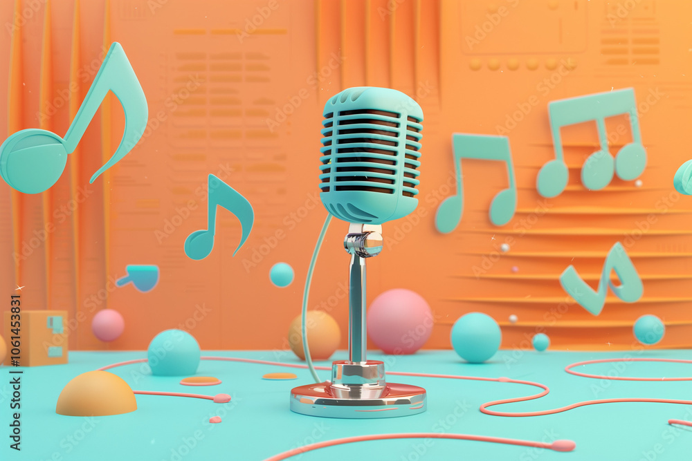 Minimal cartoon style microphone with soundwave and music note voice musical studio karaoke concept. multimedia entertainment. 3d render illustration