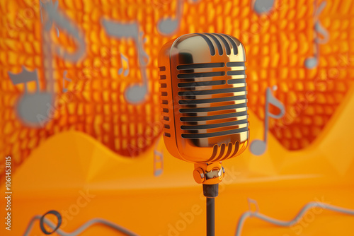 Obraz na płótnie Minimal cartoon style microphone with soundwave and music note voice musical studio karaoke concept. multimedia entertainment. 3d render illustration
w salonie