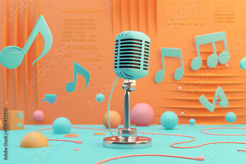 Obraz na płótnie Minimal cartoon style microphone with soundwave and music note voice musical studio karaoke concept. multimedia entertainment. 3d render illustration
w salonie