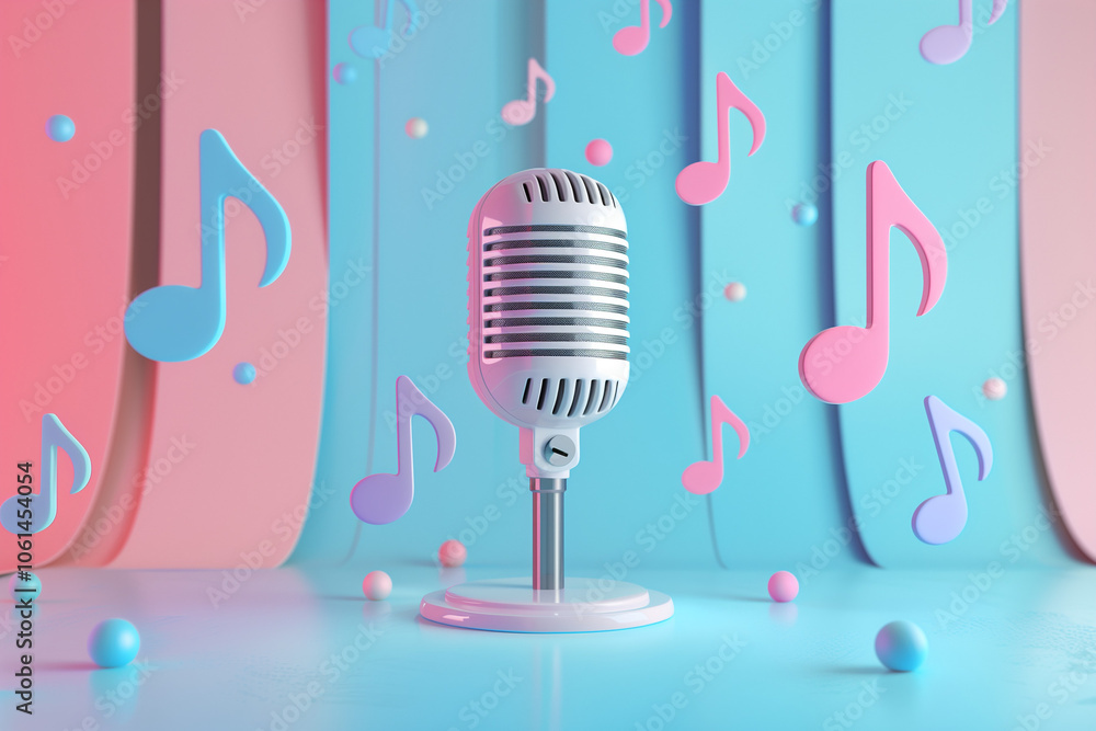 Minimal cartoon style microphone with soundwave and music note voice musical studio karaoke concept. multimedia entertainment. 3d render illustration