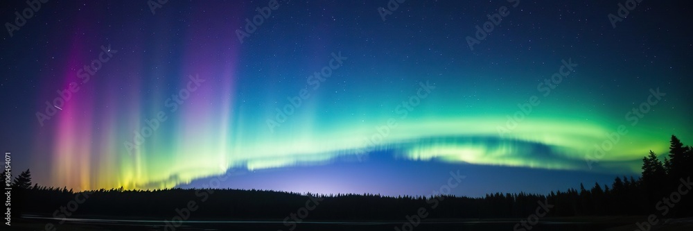 Vibrant aurora borealis dancing in the night sky over a serene forest lake with reflection of the colorful lights, peaceful, enchanting, natural beauty