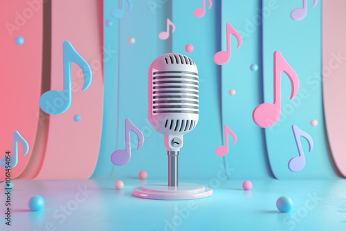 Obraz na płótnie Minimal cartoon style microphone with soundwave and music note voice musical studio karaoke concept. multimedia entertainment. 3d render illustration
w salonie