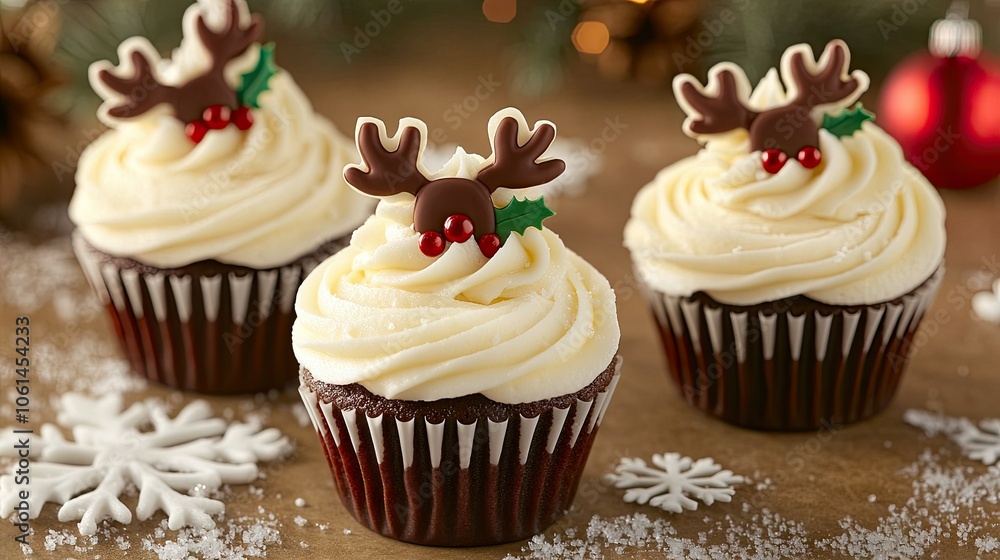 Close-up of mini Christmas cupcakes with reindeer, holly, and snowflake designs, surrounded by a cozy holiday atmosphere Close-up of mini Christmas cupcakes with reindeer, holly, and snowflake designs, surrounded by a cozy holiday atmosphere