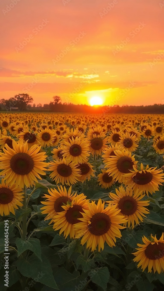 Fototapeta premium Vibrant orange and pink sunset casting a warm glow over a vast field of blooming sunflowers, serene, tranquil
